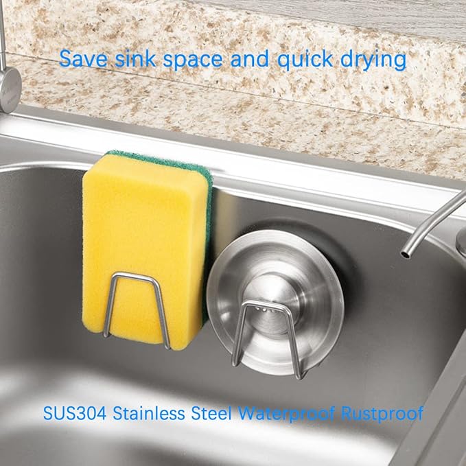 LYART 4Pcs Premium Sink Sponge Holder for Kitchen Sink Caddy Brush - SUS304 Stainless Steel Waterproof Rustproof Quick Drying Strong Self Adhesive (1. Silver X 4Pcs)