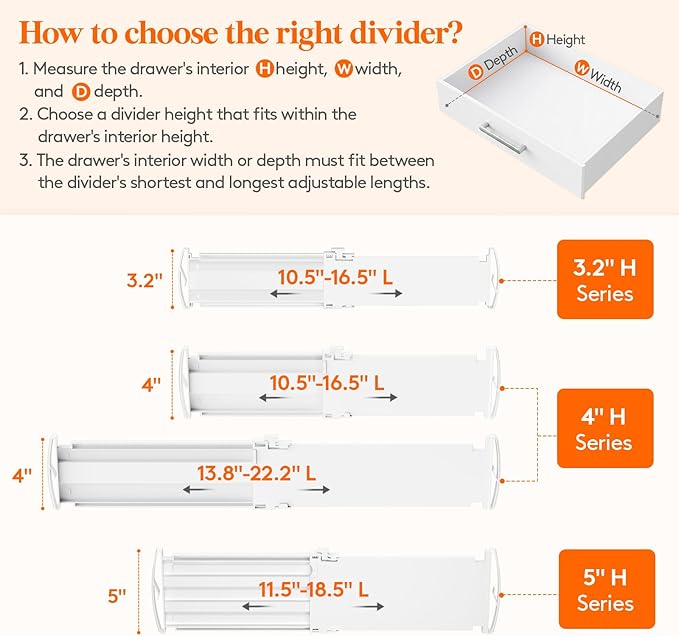 Lifewit 4 Pack 5" High Drawer Dividers for Clothes, 11.5"-18.5" Expandable Dresser Drawer Organizers, Adjustable White Plastic Separators for Kitchen, Cabinet, Nursery, Socks & Underwear Storage