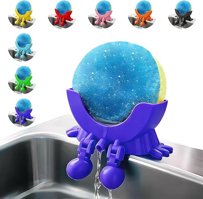 Cute Hanging Sponge Holder with Drainage, 3D Printed Sink Rack with Legs and Handles, 3D Printing Funny Countertop Sponge Holders for Kitchen Sink Draining (Purple)