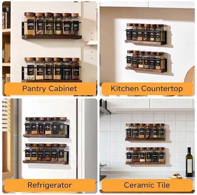 4-Tier Wall Mount Spice Rack Organizer with 24 Glass Jars, 216 Labels & Funnel - Screw/Adhesive Mount, Black Metal & Wood Spice Storage for Kitchen Pantry Cabinet, 11.6”W x 2.4”D x 3.2”H
