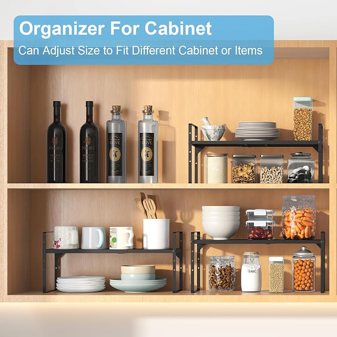 15.5 to 25.5 Inch Kitchen Cabinet Shelf Organizers, Adjustable Kitchen Counter Shelf Organizer, Set of 4 Expandable Countertop Storage Shelves, Stackable Design, 30LBS Heavy Duty, Space Saver