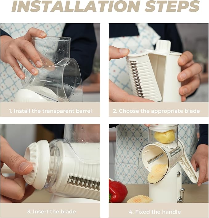 ZHANG XIAO QUAN SINCE 1628 Rotary Cheese Grater, Cheese Shredder with Stable Suction Base, Labor-Saving Vegetable Slicer for Kitchen, Mandoline Slicer & Food Chopper & Kitchen Prep Tool, 5-in-1, Beige