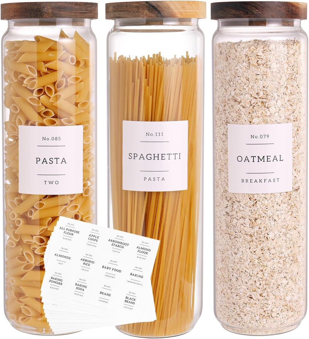 3 Set Glass Pantry Storage Jars with Acacia Airtight Lid - 50oz Thicken Glass Kitchen Canisters with 132 Pantry Labels - Tall Food Storage Containers with Wood Lid for Pasta,Spaghetti,Cereal