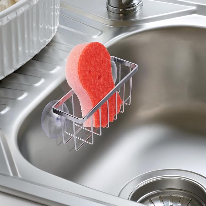 HLOOL Kitchen Sink Sponge Holder, Sponge Holder for Kitchen Sink Suction，Sink Organizer (Chrome)