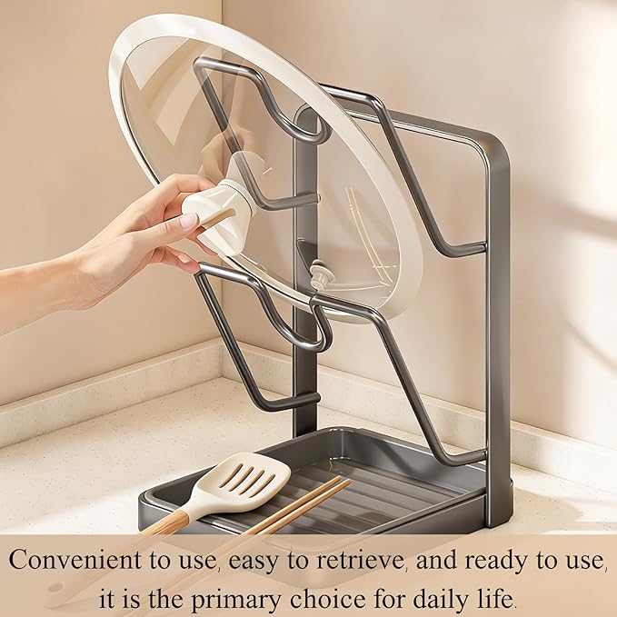 Kitchen Pot Lid Storage Rack, Pot Lid Holder With Tray,Multifunctional Storage Rack With Detachable Drip Tray For Easy Storage, Cloth Rack, Spoon Rack, Space Saving.