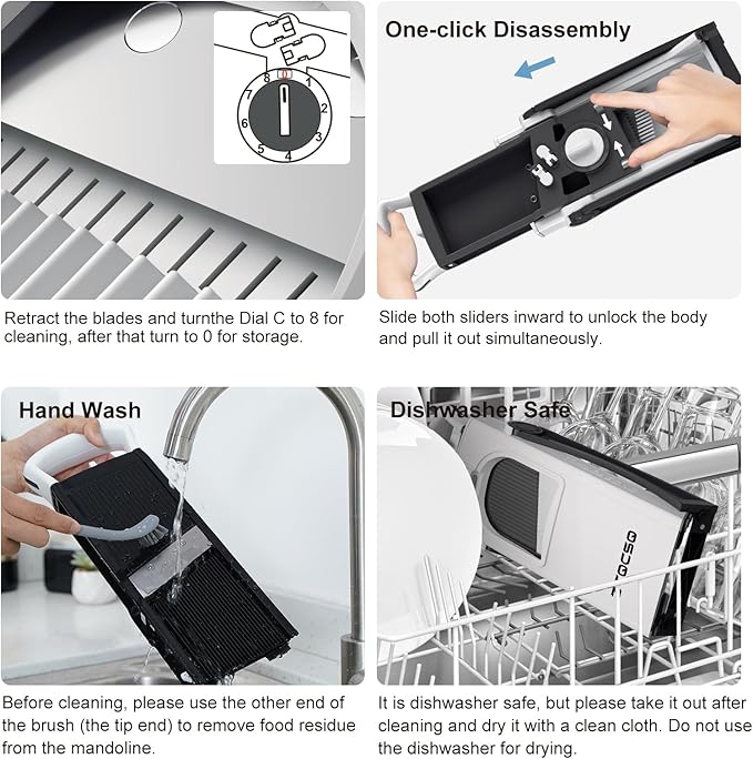 [All in 1] Upgraded Version Safe Mandoline Slicer for Kitchen, Adjustable Thickness. Veggie Slicer, Rapid Prep Mandoline, Detachable Blade, Cleaning Brush (WhiteBlack)