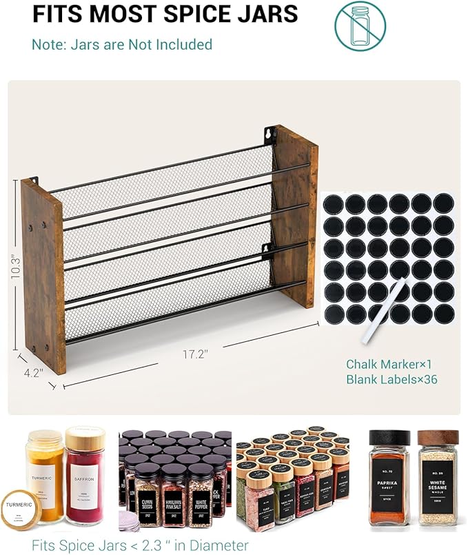 NESAPTO Spice Rack Organizer for Cabinet, Wood 4-Tier Vertical Seasoning Organizer, Wall Mount or Countertop Spice Shelf, Holds 36 Jars (No Jars Included), 17.2" W x 10.3" H