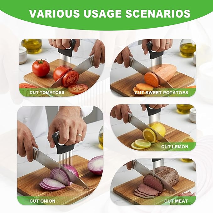 Onion Slice Holder, Stainless Steel Onion Holder for Slicing with Protective Case,Chopper Slicing Assistant Tool for Meat, Onion, Potato, Tomato,Lemon - Kitchen Gadgets (1 Pack)