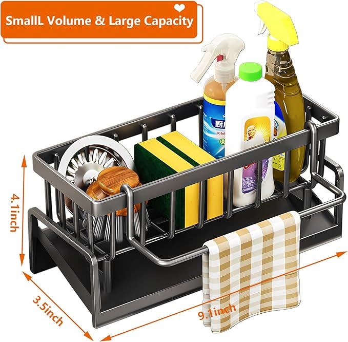 Kitchen Sink Caddy Organizer, Stainless Steel Sink Sponge Holder,45°Tilt Self-Drainage, Sponge Drain Rack with Dish Brush Holder,Removable Dishcloth Rack for Kitchen Storage Dispenser,Grey
