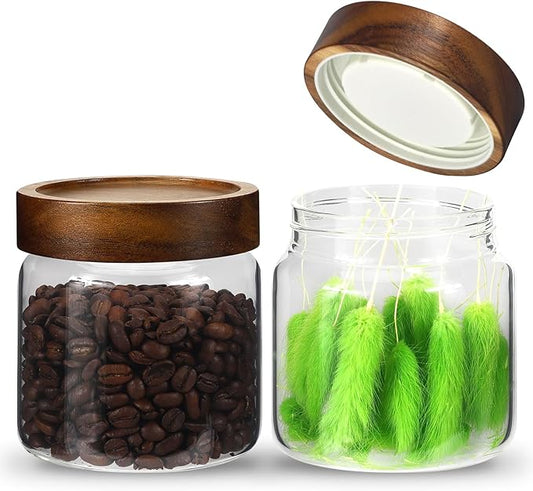 16 oz Glass Jars with Acacia Wood Airtight Lids Spice Jar Herb Storage Canister with Wooden Lid Clear Glass Food Jar for Sugar Pantry Tea Coffee Bean Spice Cookies (500ml/16oz-2pack)
