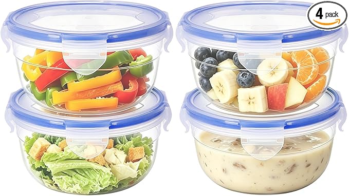 KIGI 4 PACK 20oz Plastic Round Bowls with Lid Leakproof Food Storage Container Set Small Meal Prep Containers Bento Box