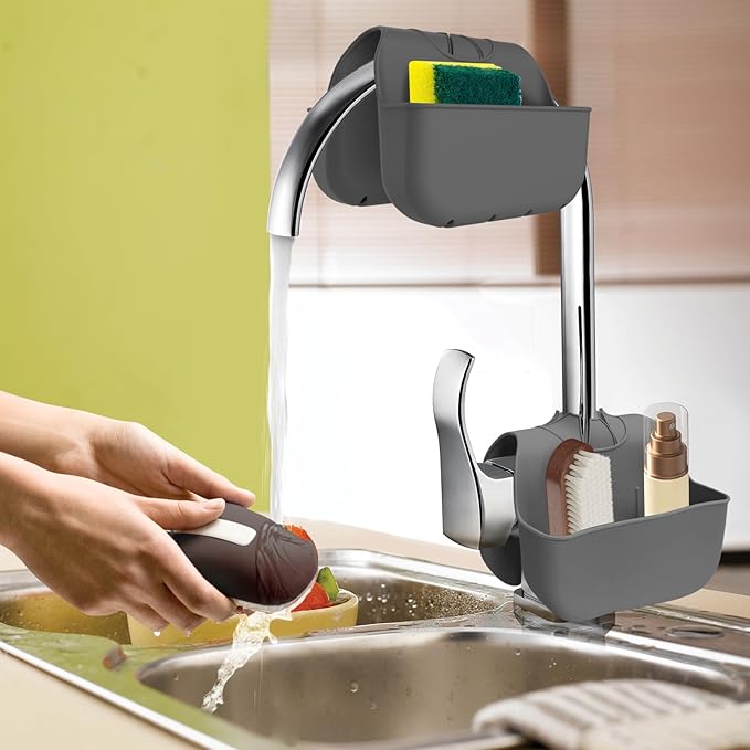 Sponge Holder for Kitchen Sink, Silicone Sink Saddle Caddy Organizer Rack, Sponges Holder Over Faucet, Hanging Kitchen Organizer Accessories Rack Basket Dark Gray