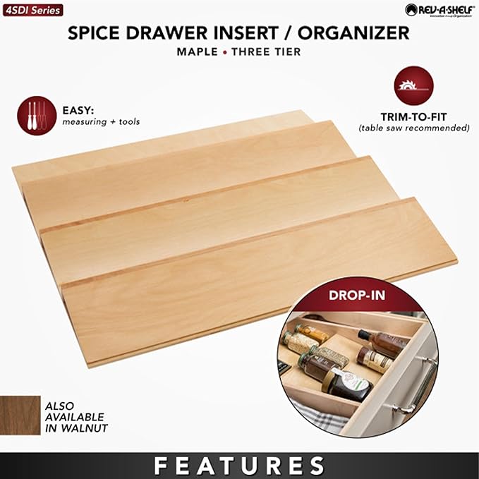 Rev-A-Shelf 22" 3 Tiered Seasoning Organizer, Trim-to-Custom-Fit Wooden Kitchen Draw and Cabinet Home Storage Insert, Pull Out Spice Rack, Maple, 4SDI-24