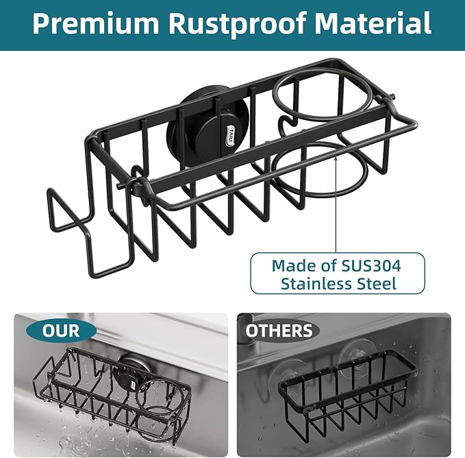 TAILI 4-in-1 Sink Caddy with Strong Suction Cup, Sponge Holder for Kitchen Sink Organizer, Removable, Rustproof, Stainless Steel Holder for Sponge, Brush, Scrubber, Scraper - Black