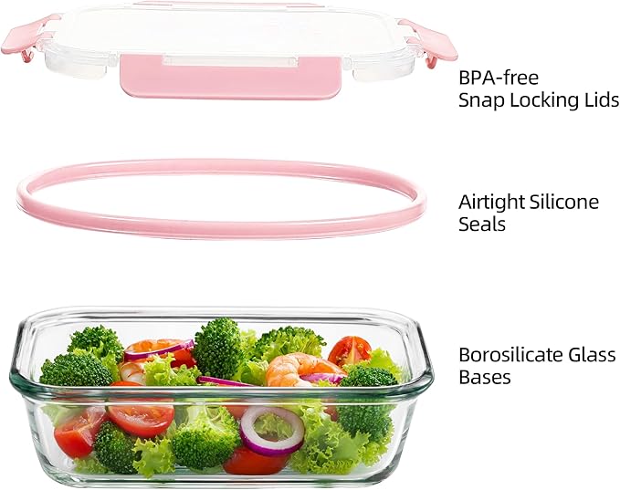 Glass Food Storage Containers 10 Pack - 22Oz Meal Prep Container Set with Lid, Airtight Snap Lock, Microwave Freezer Oven Dishwasher Safe, Lunch Box for Work, Pink