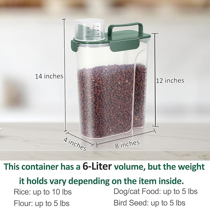 5 Lbs Dog Cat Food Storage Container with Collapsible Dog Bowls for Travel, Portable Pet Food Storage Container, Easy-Pouring Bird Seed Dispenser, Airtight Rice Cereal Oatmeal Flour Holder -Dark Green