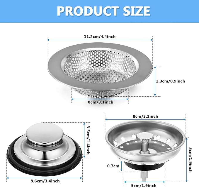 Mudder 3 Pcs Kitchen Sink Drain Strainer and Stopper Stainless Steel Garbage Disposal Plug with Handle Universal Anti-Clogging Kitchen Sink Filter Sieve Basket Strainer(Silver)