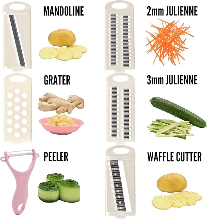 NACOLUS Mandoline Slicer for Kitchen Slicer Vegetable Cutter 5 In 1 Veggie Slicer Potato Slicer waffle fry cutter Hot Swap Mandolin with Peeler for Vegetables Carrot Shredder Cucumber Slicer - Pink