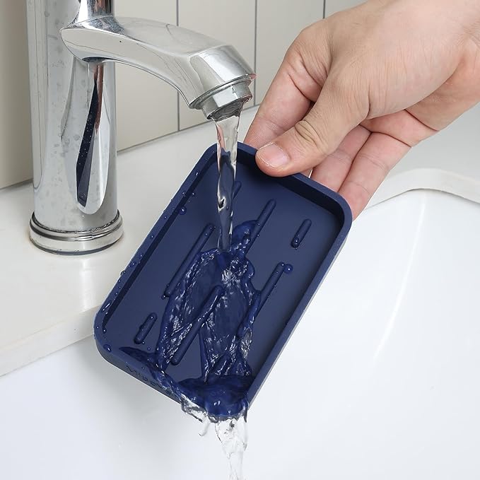 MicoYang Silicone Kitchen Sink Organizer Tray for Multiple Usage,Easy Clean Sponges Holder for Kitchen Bathroom Counter or Sink,Dish Soap Dispenser,Scrubber,Bottle,Cup Navy Blue 4.9”x 3.2”