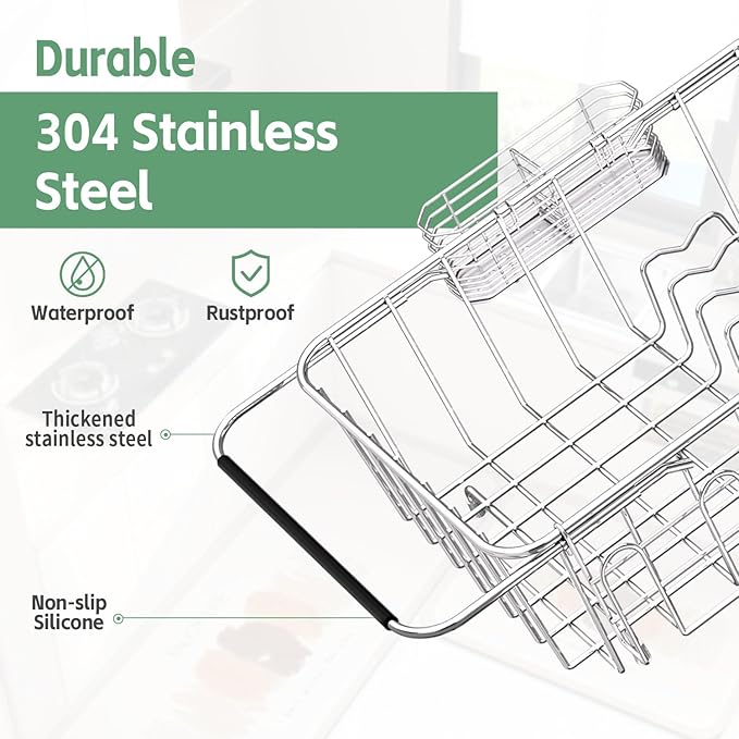 Small Dish Drying Rack in Sink, Extendable Stainless Steel Dish Drainers for Kitchen Counter, Anti-Rust Dish Dryer Rack with Utensil & Cup Holders, for Inside Sink, Over The Sink(for 1-2 People)