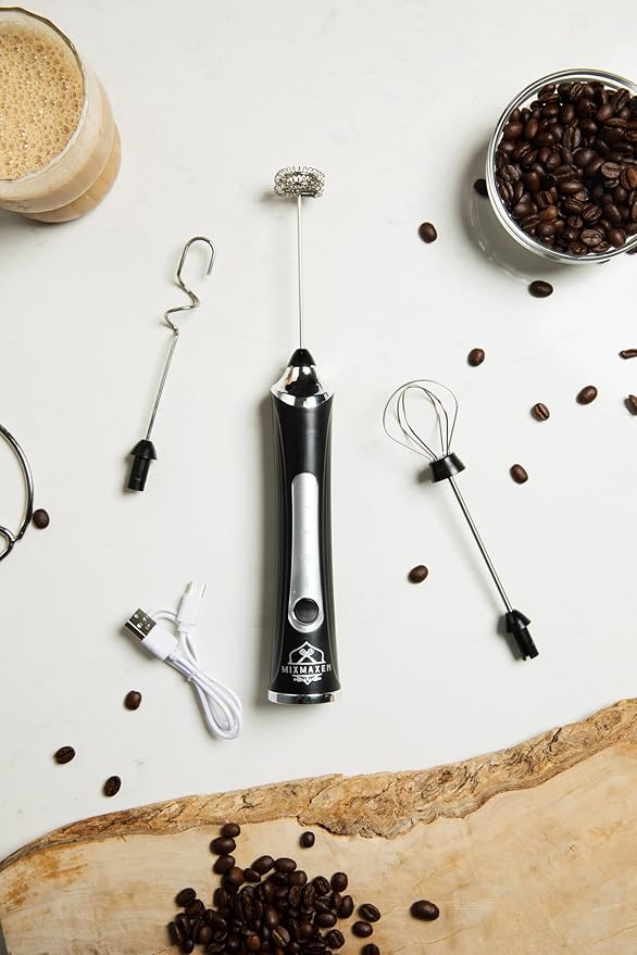 Handheld Frother Electric Whisk, Milk Foamer, Mini Blender and Electric Mixer, 3 Heads 3 Speed Adjustable, Rechargeable Hand Mixer Wand for Latte, Egg Beater, Powder Mixer, With Stand (300, Black)