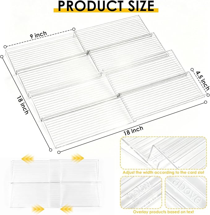 8 Pack Spice Drawer Organizer, Acrylic Spice Rack Expandable From 9" to 18", Clear Seasoning Organizer Tray for Kitchen Holds up to 48 Jars (Jars Not Included)