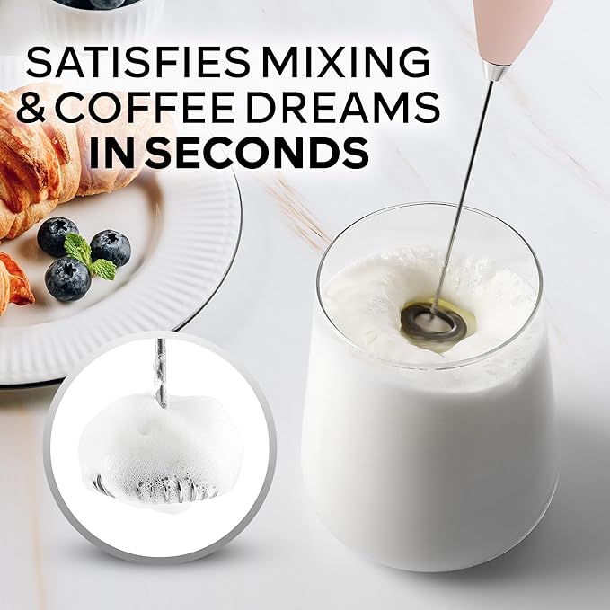 Zulay Kitchen Powerful Milk Frother Wand With Duracell Batteries - Ultra Fast Handheld Drink Mixer - Electric Whisk Foam Maker for Coffee, Lattes, Cappuccino & Matcha - Z1 Motor - Pink Salt