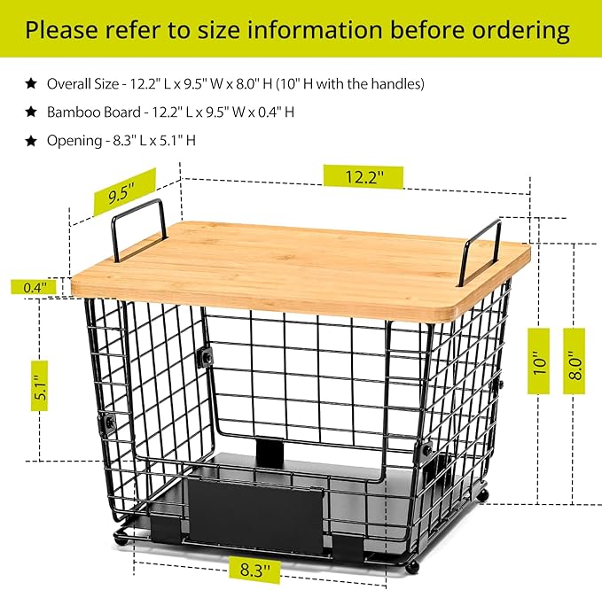2 Set Large Stackable Wire Basket with Bamboo Tops & Tag- Pantry Organizer