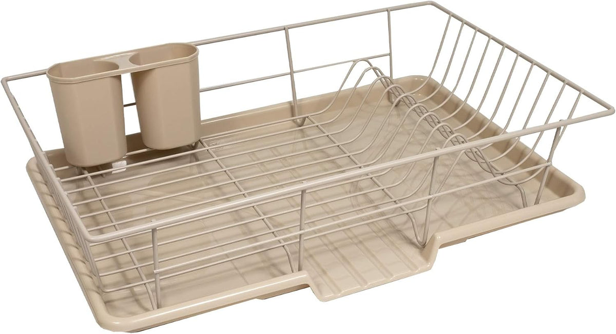 Metal, Plasic 3 Piece Dish Drainer Rack Set with Drying Board and Utensil Holder, 17" x 12" x 5", Beige