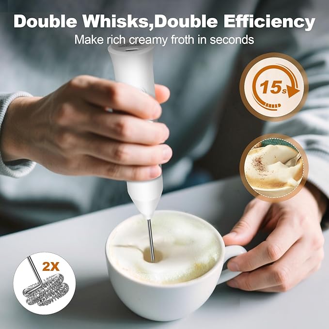 Rechargeable Milk Frother Handheld, Electric Frother Wand with 2 Stainless Stee Whisks & 3 Speeds,Drink Mixer Handheld for Coffee, Latte, Cappuccino, Matcha, Protein Shakes-White
