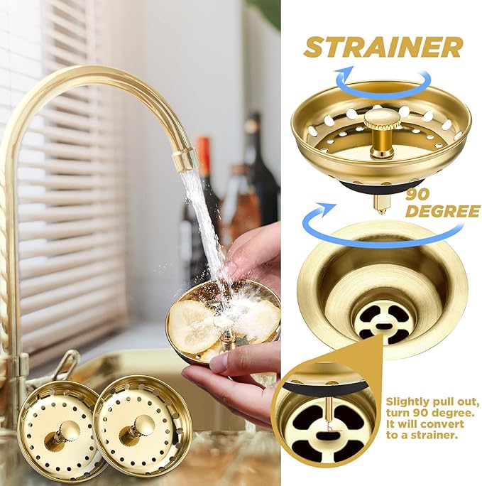 Retisee 2 Pcs Kitchen Sink Stopper Strainer Stainless Steel Drain Strainers for Universal 3-1/2 Inch Kitchen Sink Drain Replacement(Gold)