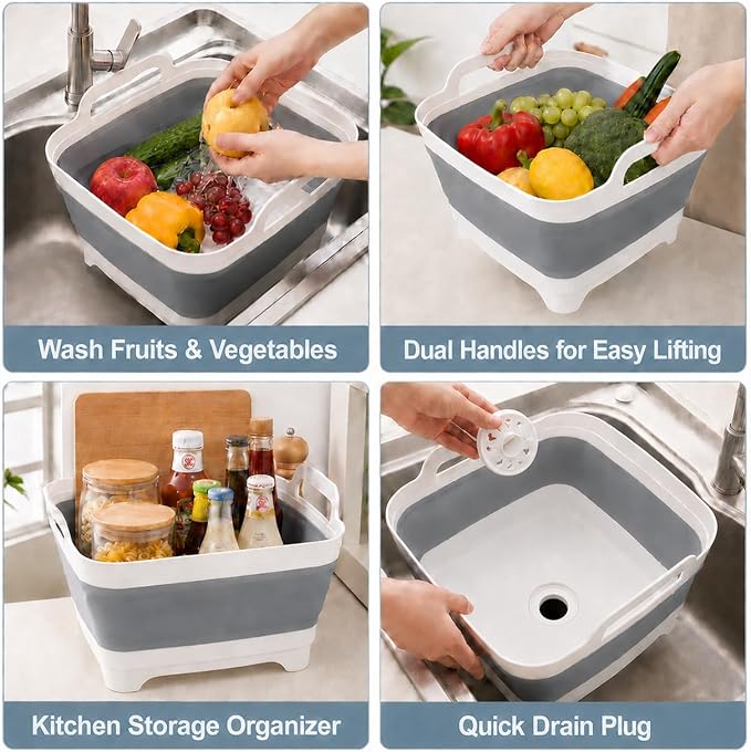 2.4 Gal(9L) Collapsible Dish Basin with Drain Plug, Space Saving Outdoor Multiuse Foldable Sink Tub, Dishpan, Kitchen Storage Tray for Camping, Vegetable Washing, RV (Gray)