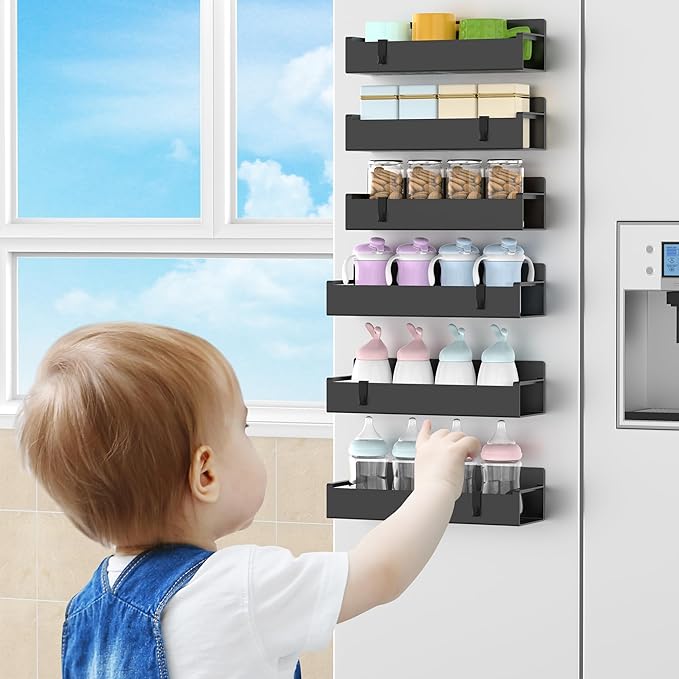 HuggieGems 6 Pack Magnetic Spice Rack Organizer for Refrigerator and Oven, Black Fridge Organizers and Storage for Kitchen