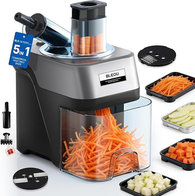 BLEOU 5-in-1 Commercial Electric Vegetable Chopper, 330LBS/H Heavy Duty Food Dicer & Veggie Slicer with Magnetic Safety Lid, Stainless Steel Blades, Ideal for Restaurant & Kitchen