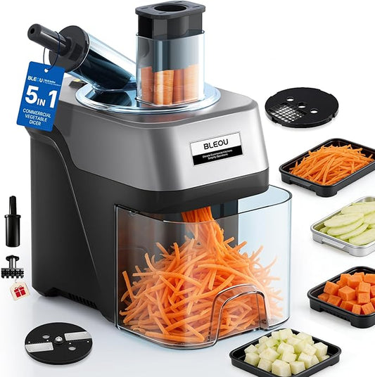 BLEOU 5-in-1 Commercial Electric Vegetable Chopper, 330LBS/H Heavy Duty Food Dicer & Veggie Slicer with Magnetic Safety Lid, Stainless Steel Blades, Ideal for Restaurant & Kitchen