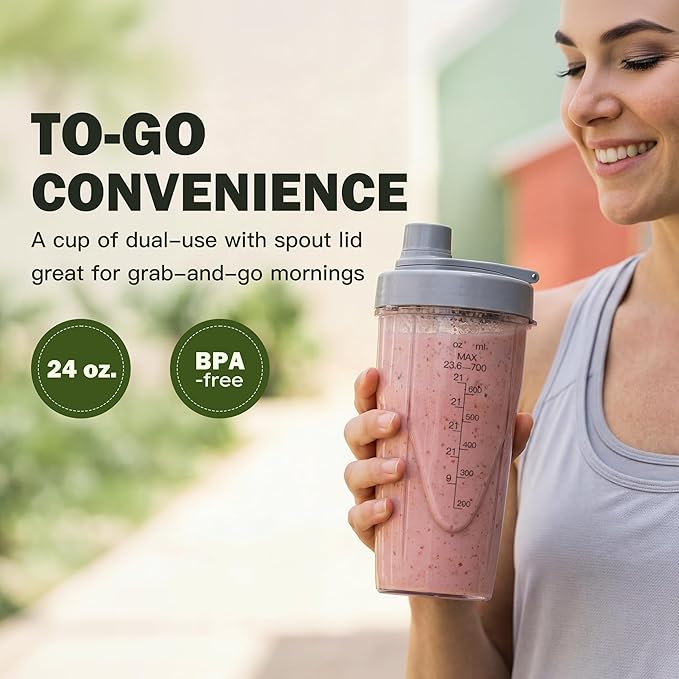 La Reveuse Smoothie Blender for Shakes,Smoothies,Frozen Blending,Salsa,Sauces,Dips,(1) 24oz Cup,(1) Spout Lid,(1) Handled Comfort Lip Ring,1000W,Cool Gray