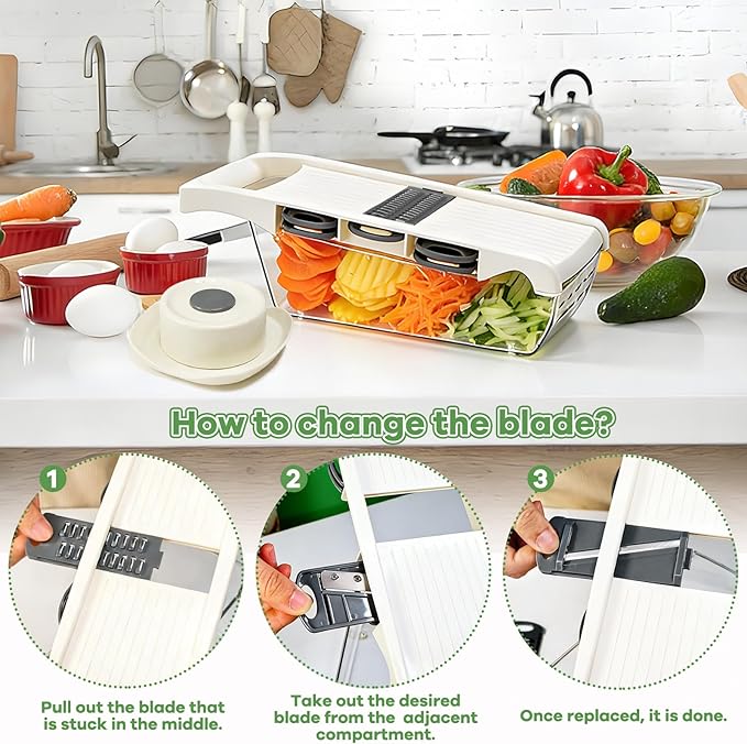 6-in-1 Mandoline Slicer for Kitchen, Food-Grade Veggie Cutter with Drainage Container, Stainless Steel Blades, BPA-Free & Non-Slip, White Plastic/Stainless Steel Options (white)