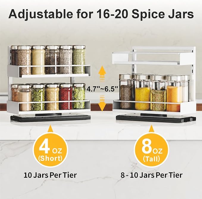 iSPECLE Spice Rack Organizer for Cabinet - 2 Pack Rotate No-Drill Vertical Spice Rack Pull Out Swivel Easy Access Spices, Adjust Height for 4oz to 8oz Spice Jars Inside Kitchen Pantry Cabinet, White