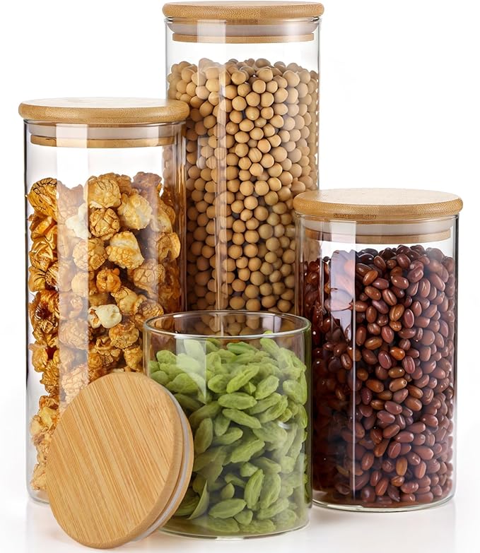Qinyoung Glass Storage Jars with Wooden Lids, 4 Sizes Food Storage Containers Clear Stackable Canisters Airtight Glass Jars for Candy Cookie (Clear, Light Brown, 15oz 25oz 34oz 42oz, 24 Pcs)