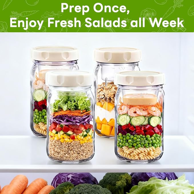 9PCS Salad Meal Prep Containers, 32oz Large Glass Salad Jars with Lids Meal Prep with 4 Forks, Leakproof Salad Container for Lunch with Separate Wet/Dry Dressing Cups for Home, Office and Outdoor