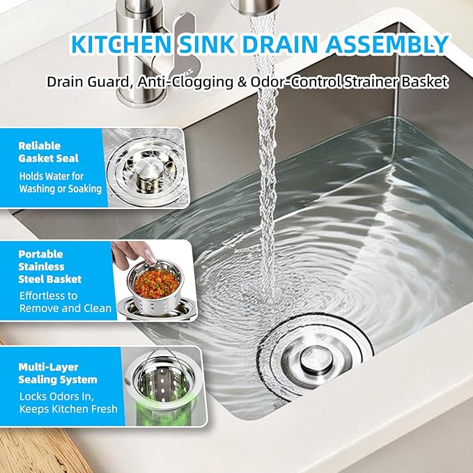Kitchen Sink Drain Assembly, Stainless Steel Removable Deep Sink Strainer Basket, 3-1/2 Inch Sink Drain Stopper Plug, Sealing Lid