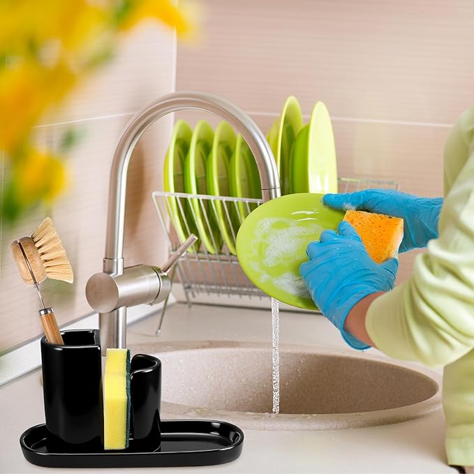 Geelin 3 in 1 Ceramic Kitchen Sink Caddy Dish Sponge Holder Scrub Brush Holder and Soap Tray for Kitchen Organizer Rustic Farmhouse Supplies(Black)