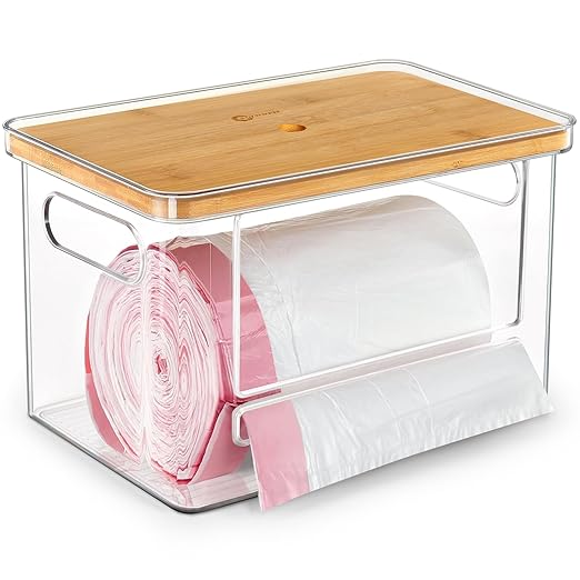 Stackable Trash Bag Dispenser with Wooden Top for Holding 13 to 33 Gallon Large Bag Sizes – Medium Size Garbage Bag Holder with Anti-Slip Base, Trash Bag Dispenser Under Sink (10.8"x6.7"x6" inches)