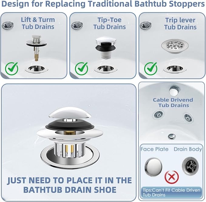 Universal 3 in 1 Bathtub Drain Stopper Bathtub Drain Hair Catcher, Pop-up Tub Stopper with Effective Filter Basket, Anti-Clogging Bathtub Drain Plug Bath Tub Stoppers for 1.45-1.8" Drain Shoe