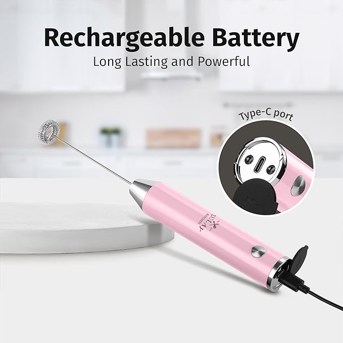 Zulay Kitchen Rechargeable Milk Frother Handheld - Frother Wand, Drink Mixer, Electric Whisk Frother, for Cappuccinos, Matcha & Protein Powder - Lux 4 Whisk 2 Speed Waterproof 2000mAh Pink