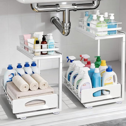 2 Pack Under Sink Organizer Upgrade To Professional Rails, 2-Tier Dual Pull Out Cabinet Storage, Height Adjustable Slide Out Drawers For Bathroom Kitchen General Purpose Storage Bins For Household Use