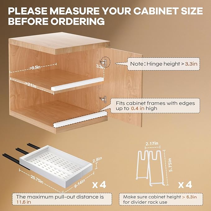 Seinloes 4 Pack Pull out Cabinet Organizer 21" Deep With Raising Pad for Framed Cabinets, Expandable (9"-14" W) Slide out Drawers for Kitchen Cabinets with 4pcs Divider Racks, Roll out Shelves, White