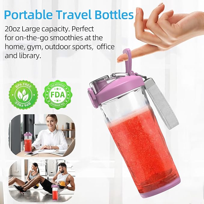 DENOKIN Portable Blender, Shakes and Smoothies Cordless Personal Size Blender 20oz with 6 Blade and a Travel Lid (Purpleish Pink)