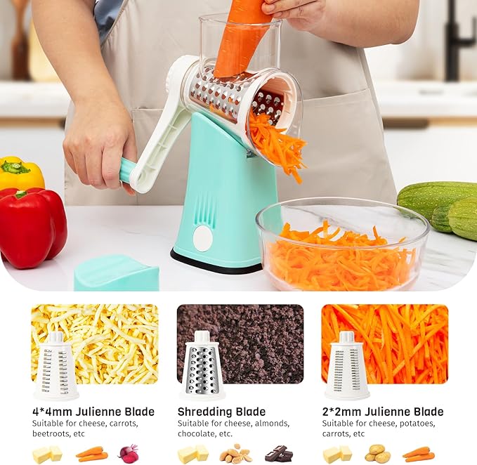 5-in-1 Rotary Cheese Grater Hand Crank, Vegetable Slicer Shredder with 5 Interchangeable Blades, Graters for Kitchen, Safe Kitchen Tool for Cheese, Nuts, Blue