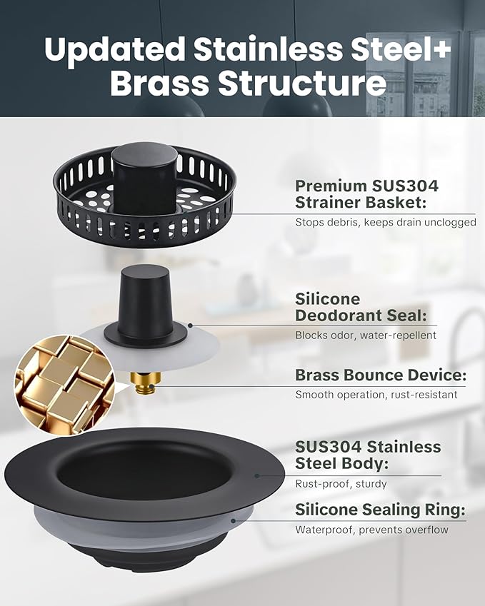 ARCORA Kitchen Sink Drain Strainer: Stainless Steel 3 in 1 Sink Stopper with Anti-Clogging Basket, Kitchen Strainer with Brass Bounce Core for Standard 3-1/2 Inch Drain, Matte Black